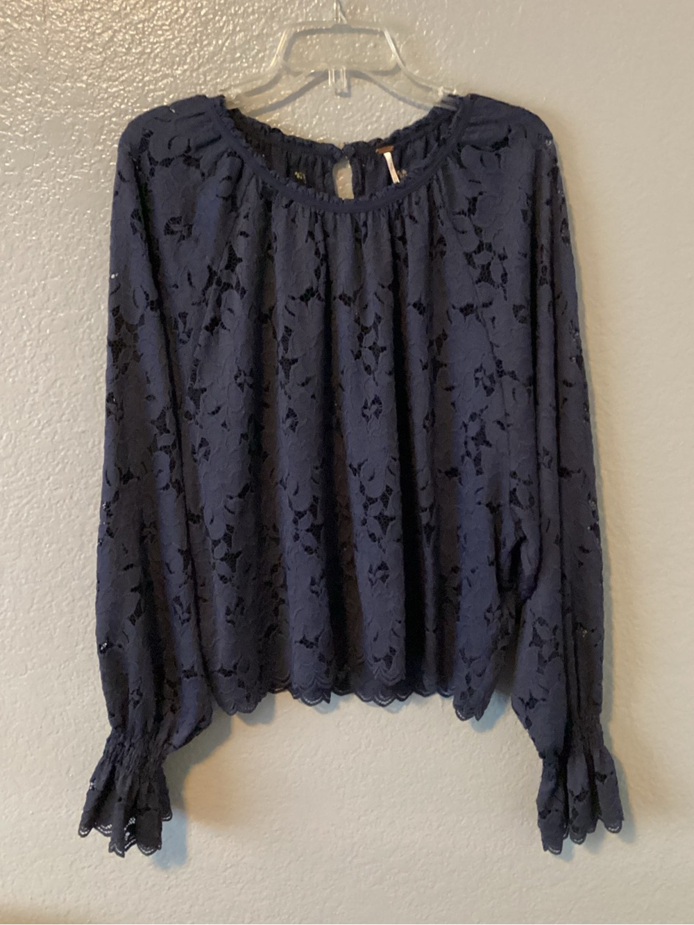 Free People  Olivia Dark Navy Lace Peasant Top